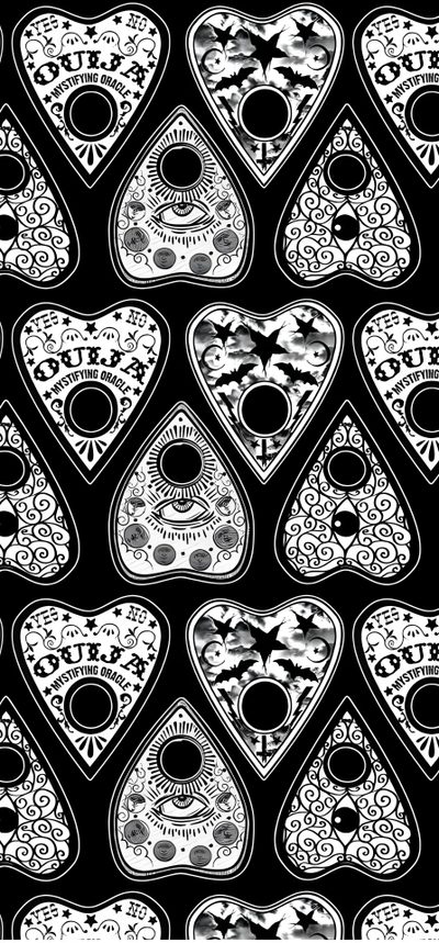 a black and white pattern with skulls on it's sides, in the shape of hearts Halloween Planchette Ouija Board Pattern Background, Spirit Board Background, Ouji Board, dark slate gray