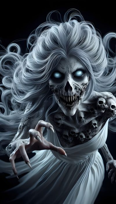 a woman with white hair and blue eyes is holding a creepy creature in her hands Halloween Monsters Evil Ghost, Gothic Horror Monsters, Creepy Monster, Scary Female Monsters, dark slate gray