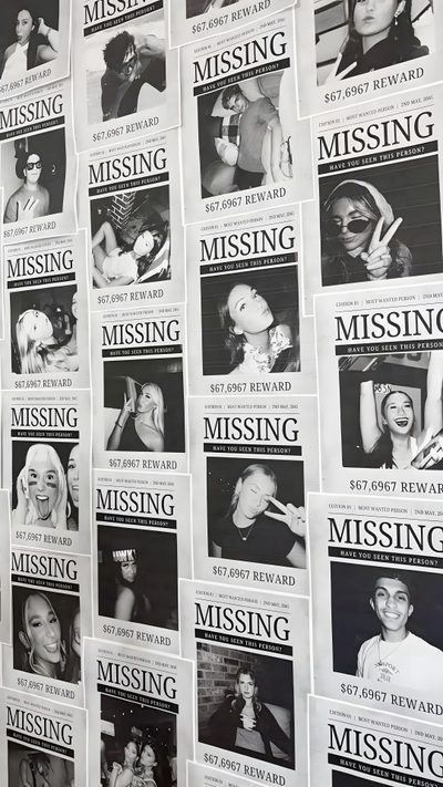 the wall is covered with many newspapers and pictures, including women's faces in black and white Missing Halloween Poster Mugshot Board Design, Halloween Thriller, Mystery Theme, silver