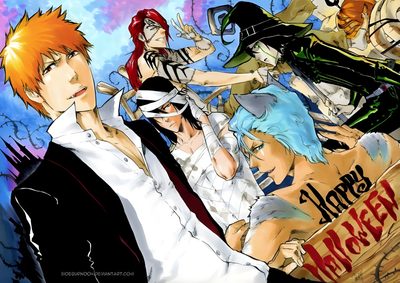 some anime characters are standing together Bleach Halloween Ichigo Halloween, Bleach Picture Stairs, Bleach Halloween, Bleach Group Art, gray