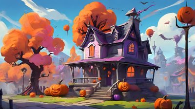 a house with pumpkins on the ground in front of it and trees around it Halloween Village For Pc Halloween Town Background, Halloween Environment, Halloween Town Concept Art, gray