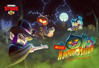 an animated halloween scene with cartoon characters in the background and text reading, moto's horror Brawl Stars Halloween Star Background, Fantasy Forest, Star Pictures, Cute Emoji, Screen, dark slate gray