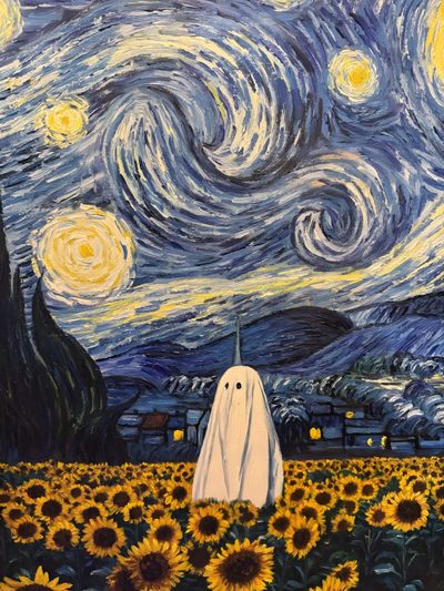 a painting of a ghost in a field of sunflowers under a starry night Van Gogh Halloween Starry Night Ghost, Van Gogh, Arte Van Gogh, Art Lessons, Starry Night, Phone, dim gray