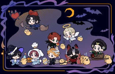 an image of many cartoon characters in halloween costumes Skz Halloween Laptop Toilet Bound Hanako Kun Halloween, Halloween Skzoo, Tbhk Halloween Art, dark slate gray