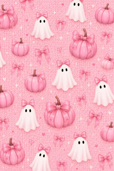 a pink and white halloween themed background with pumpkins, ghost and ghost - like faces Pink Halloween Pink,