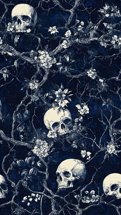 a bunch of skulls that are sitting in a tree with flowers on it's branches Navy Blue Halloween Buda, Mlg, 2000s, Dark Blue, Goth, Gothic,