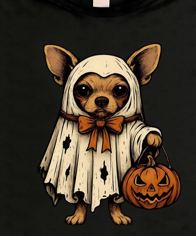 a chihuahua dressed up as a ghost holding a pumpkin Halloween Chihuahua Halloween Fun, Chihuahua Halloween Background, Halloween, black
