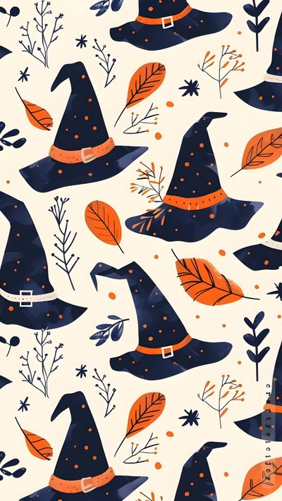 a pattern with witches hats and leaves on white background for wallpaper or wrapping paper Halloween Witch Hat Witch Hat Pattern, Spooky Witch Pattern, Witch Patterns, Halloween Witchy Pattern, linen