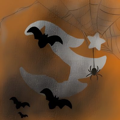 an orange background with black and white bats, spider webs and stars on it Star Stable Halloween 4k Halloween Star, Yellow Bats & Stars, Autumn Star Stable Background, saddle brown