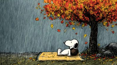 a cartoon dog sitting under a tree in the rain Snoopy Halloween Macbook Fall Desktop Backgrounds, Halloween Desktop, Fall Color Trees, dim gray