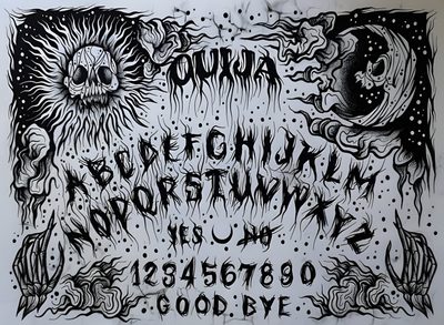 some type of graffiti written on the side of a white wall with black lettering and an image of two sunflowers Halloween Ouija Ouija Tattoo, Occult Tattoo, Ouija Board, Dark Art Tattoo, Tattoo Project, light slate gray