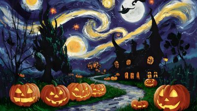 Happy Halloween! Van Gogh Starry Night Halloween Wallpaper, Halloween Celebration, Starry Night Halloween Pumpkin, Pumpkin Painting Starry Night, Starry Night, Halloween Halloween Starry Night Van Gogh Starry Night Halloween, Halloween Celebration, Starry Night Halloween Pumpkin, dark slate gray