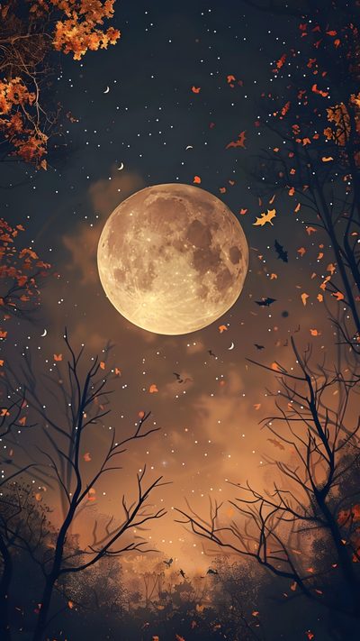 the full moon shines brightly in the night sky above trees with leaves on them Moon Halloween Harvest Moon Ideas, Harvest Moon Phone, November Moon, October Moon, dark slate gray