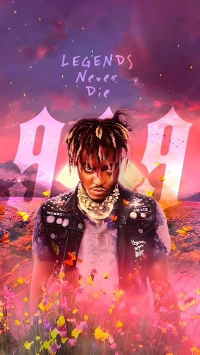 a man with dreadlocks standing in a field of flowers and the words legend's never die Halloween Juice Wrld 4k Juice Wrld, Cool Backgrounds Of Juice Wrld, Juice Wrld Rapper, indian red