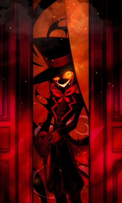 a painting of a skeleton in a top hat and coat with a red light behind it Halloween Hazbin Hotel Hazbin Hotel Cool, Alastor Cool, Black Hat Hazbin Hotel, Cool Hazbin Hotel, maroon