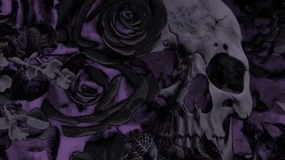 a black and purple wallpaper with skulls, roses and leaves in the center is an image of a human skull Halloween Skull Purple Custom My Computer, Desk Top, Gothic Aesthetic Laptop, black
