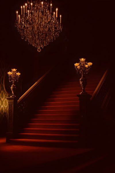a chandelier hanging from the ceiling next to a set of stairs in a dark room Halloween Chandelier Chandelier Background, Studio Photoshoot, Eternal Life, Dream House Decor, black