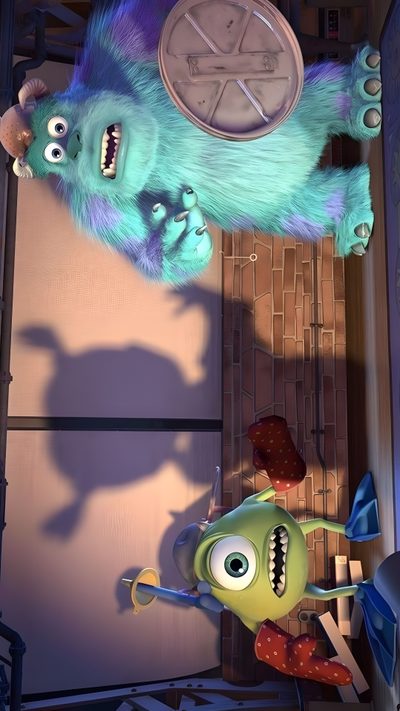 the monsters are standing in front of an open door with a clock on it's face Monsters Inc Halloween Monster Inc Scenes, Desktop Background Disney, Pc 1920x1080 Full Hd Disney, dim gray