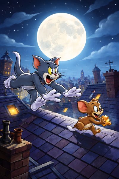 an image of a cartoon cat and mouse playing on the roof at night with full moon in background Tom And Jerry Halloween Tom N Jerry, Tom And Jerry Pictures, Old Tom And Jerry, Tom And Jerry, dark slate gray