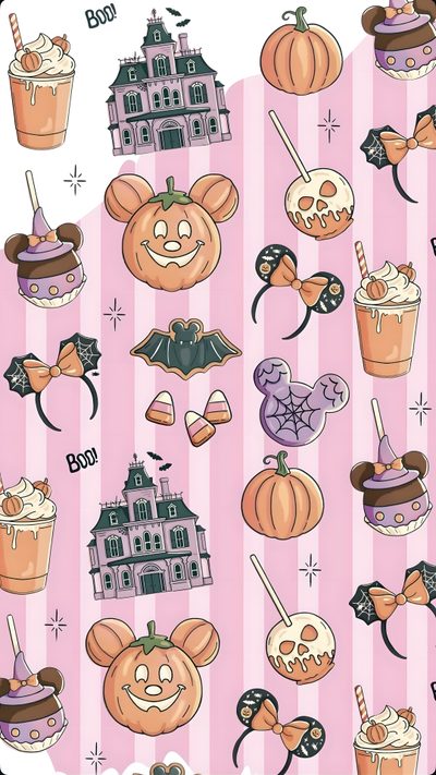 halloween themed wallpaper with pumpkins, bats and other things on it's pink background Disney Halloween Iphone Halloween Iphone Backgrounds, Disney Canvas Art, Disney Themed Outfits, pink