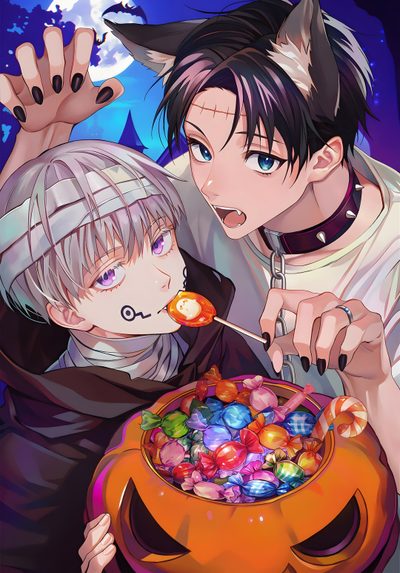 two anime characters eating candy from a bowl Jujutsu Kaisen Halloween Inumaki Halloween, Tojis Wife Fanart, Jjk Halloween Background, gray