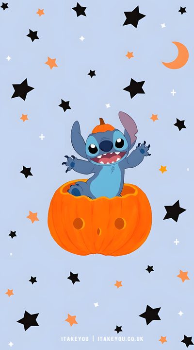 stitchy the stitcher sitting on top of a pumpkin with stars in the background Preppy Stitch Halloween Pumpkin, Iphone Background Disney, Halloween Iphone Backgrounds, powder blue