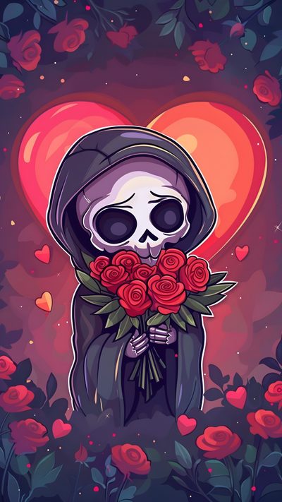 a skeleton holding roses in front of a heart Halloween Valentines Horror Valentines Background, Fancy Artwork, Halloween Valentines, dark slate gray