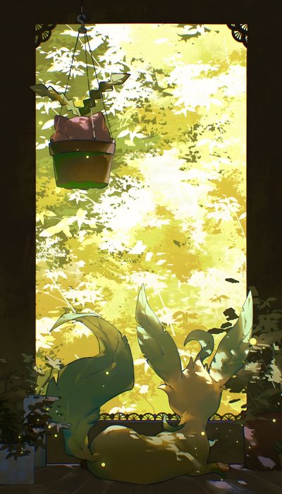 an anime scene with a boat floating in the water and plants growing on the ground Leafeon Halloween Anime Character In Nature, Green Anime Art, Nature-inspired Digital Art,