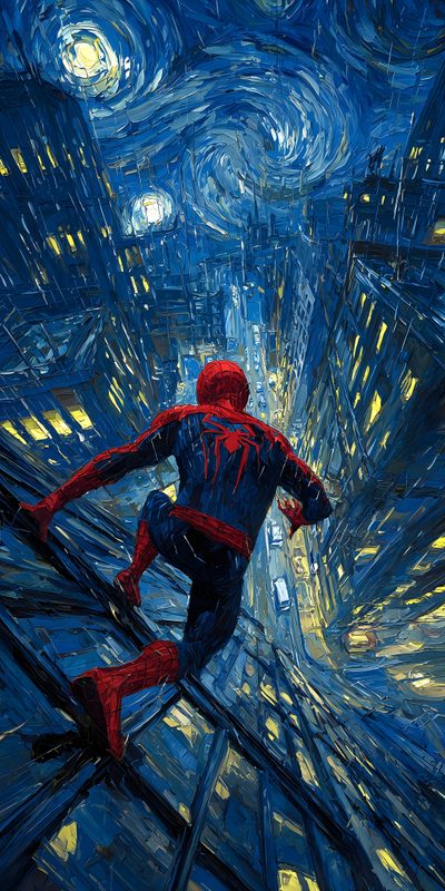 a painting of a spider man running through the night sky with buildings in the background Spiderman Halloween 4k Iphone Superhero, Spiderman Comic Art, Image Spiderman, midnight blue