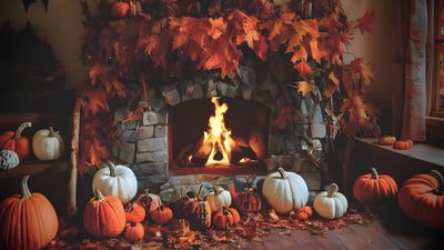 a fireplace with lots of pumpkins around it Halloween Fireplace Autumn Fireplace Background, Cozy Autumn Fireplace Setting, Cozy Autumn Fireplace Setup, dark slate gray