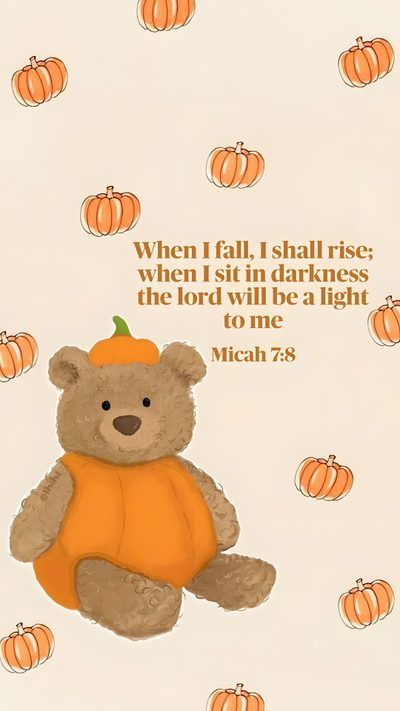 a brown teddy bear sitting on top of a pile of pumpkins with a bible verse below it Cute Christian Halloween Cute Fall, Bible Verses For October, Fall With Bible Verses, antique white