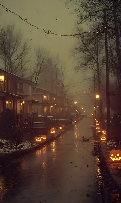 the street is lined with lighted pumpkins in the snow and on all sides are houses Halloweentown Aesthetic Halloween In New England, Halloween Spooky Aesthetic, Spooky Home Aesthetic, dark olive green
