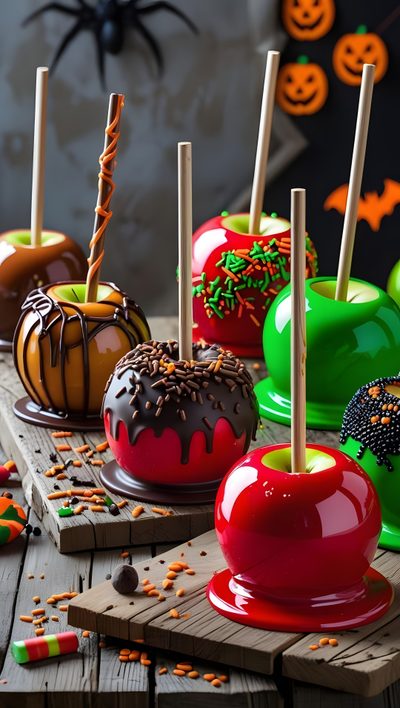 halloween candy apples with sprinkles and candies on wooden boards in front of decorations Halloween Food Candy Apple Halloween, Candy Apples For Halloween, Candy Apple Recipe Halloween, dark olive green