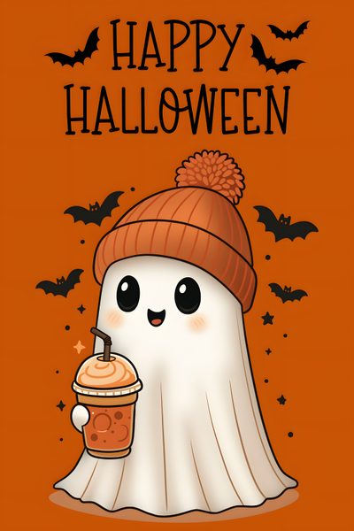 a happy halloween card with a ghost holding a drink and wearing a knitted hat Happy Halloween Spirit Halloween Cute Halloween Pictures, Black And Blue, Halloween Iphone, chocolate