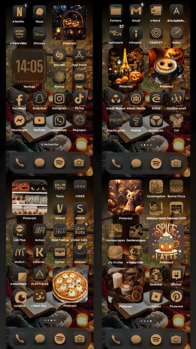 an image of the menus and app icons for a restaurant or bar with food on it Halloween Ideas Ios 16 Halloween Iphone Theme, Iphone Halloween Theme, Iphone Themes Halloween, dark slate gray