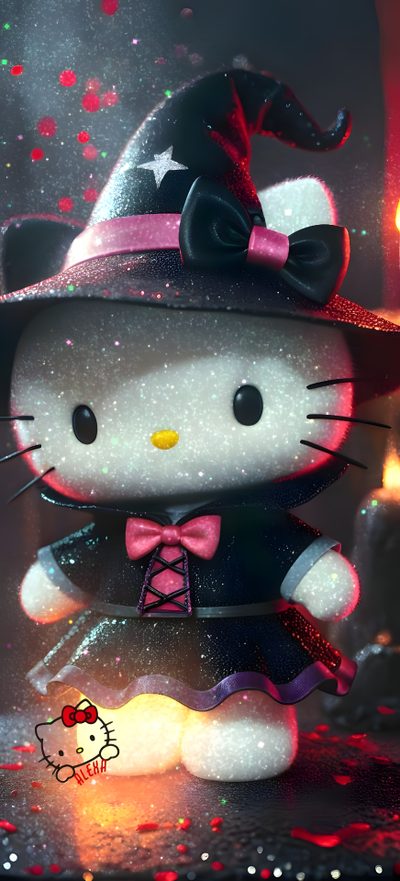 the hello kitty doll is wearing a witches hat Halloween With Hello Kitty In A Hat Hello Kitty 4k Halloween, Cute Hello Kitty Halloween Gif, Halloween Kitty, dark slate gray