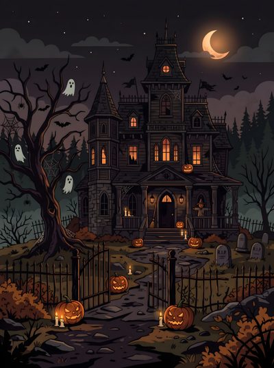 a creepy house with pumpkins in the yard Halloween Mansion Halloween Decoration Ideas, Full Moon Haunted Mansion, Halloween Spooky Scene, black
