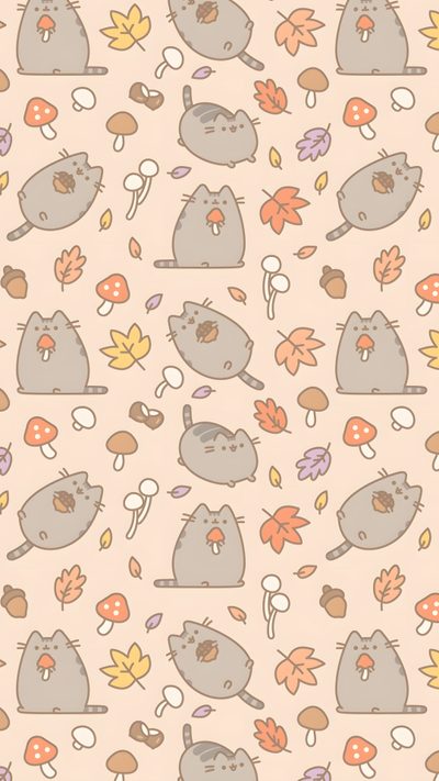 an animal pattern is shown on a beige background with leaves and mushrooms in the foreground Aesthetic Halloween Pusheen Pusheen Fall Computer Background, Halloween Pusheen, Pusheen Thanksgiving, antique white