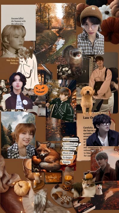 a collage of people and animals in the fall with pumpkins, leaves, trees, and other things Skz Halloween Fall Kpop, Stray Kids Thanksgiving, Stray Kids Fall, Thanksgiving Background, saddle brown