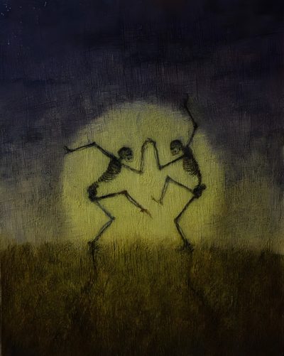 two skeletons dancing in front of a full moon Halloween Dancing Skeleton Dancing Under Moonlight, Art For Playlist Cover, Dark Whimsy Background, dark slate gray