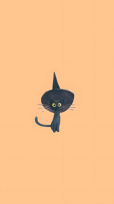 a black cat wearing a witches hat on top of an orange background with the words happy halloween written below it Silly Halloween Small Halloween, Simple Halloween Phone, Aesthetic Halloween Black Cat, burlywood