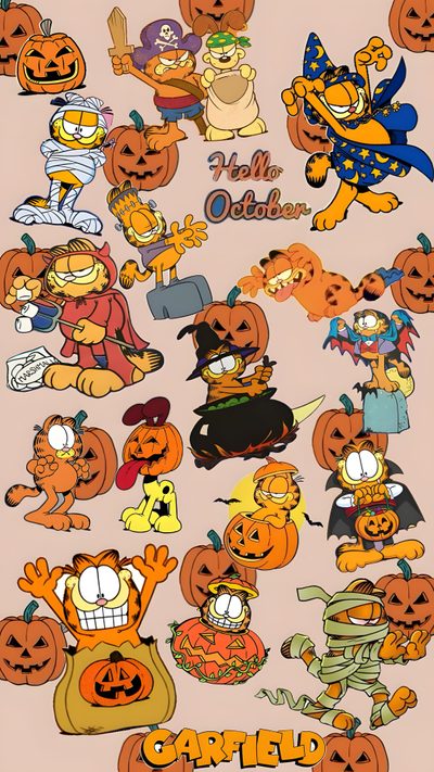 a bunch of cartoon characters with pumpkins on them Halloween Garfield Garfield Halloween, Halloween Movies To Watch, Garfield, Garfield Pictures, dark salmon
