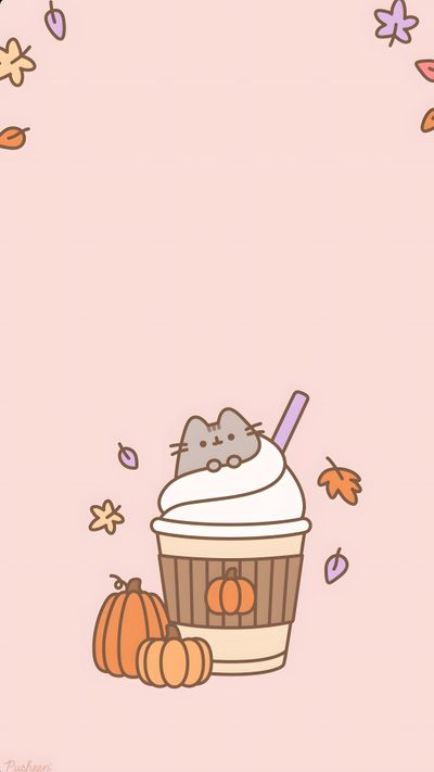 an image of a cupcake with a cat on top and pumpkins around it Halloween Pusheen Halloween Iphone Backgrounds, Adorable Home Game, Pusheen Cute, misty rose