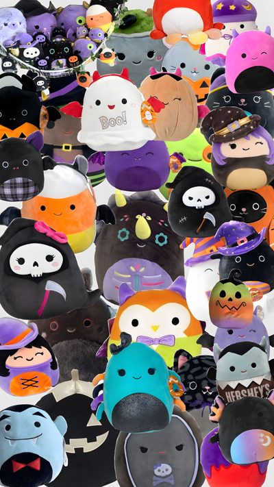a bunch of stuffed animals that are all different colors and sizes, including one with a hat Cute Halloween Squishmallow Halloween, dim gray