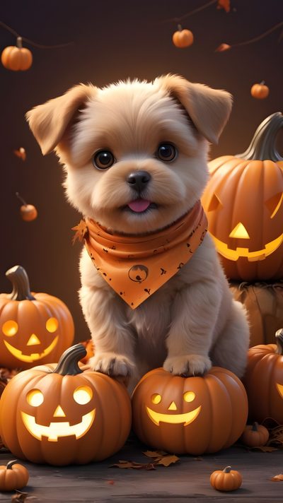 a small white dog wearing a bandana and sitting in front of halloween pumpkins Halloween Dog Hd Halloween Dog, Cute Dog Halloween, Halloween Dogs, Halloween Dog Background, saddle brown