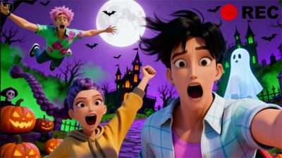 an animated image of two children in front of a halloween scene Saja Boys Halloween Face Off, Boy Squad, Halloween Boys, Haunted Mansion, Demon Hunter, dim gray