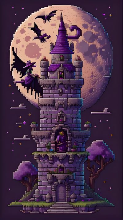an old pixel art style castle with bats flying in the sky and moon behind it Halloween Pixel Art Mystic, Pixel Art Background, Terraria, Halloween Gif, 2160x3840, Gothic, dark slate gray
