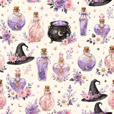 a watercolor pattern with purple and pink bottles filled with witch's hats, stars, and flowers Halloween Magic Potions Light Greysmall Charmed Background, Halloween Backgrounds, Halloween Series, seashell