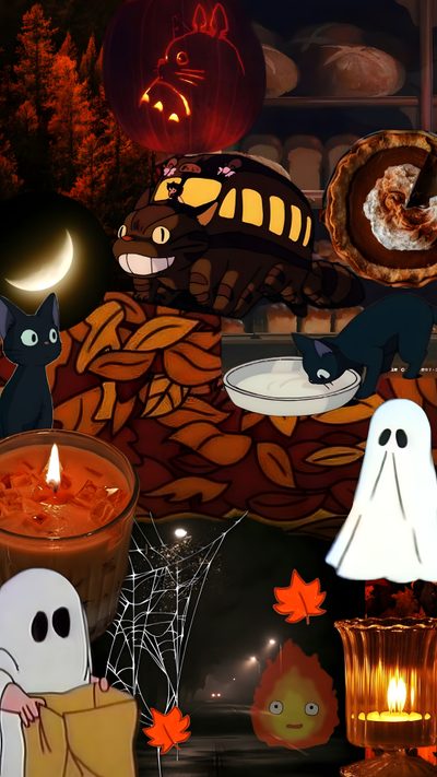 an animated halloween scene with pumpkins, ghostes and other items in the background Studio Ghibli Halloween Halloween, Studio Ghibli, Studio Ghibli Halloween Background, Studio, black