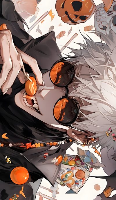 an anime character with glasses and oranges on his face is surrounded by other characters Jujustu Kaisen Halloween 4k Satoru Gojo Desktop, Jujutsu Kaisen Halloween, Sukuna Halloween, Zombie Gojo, gray
